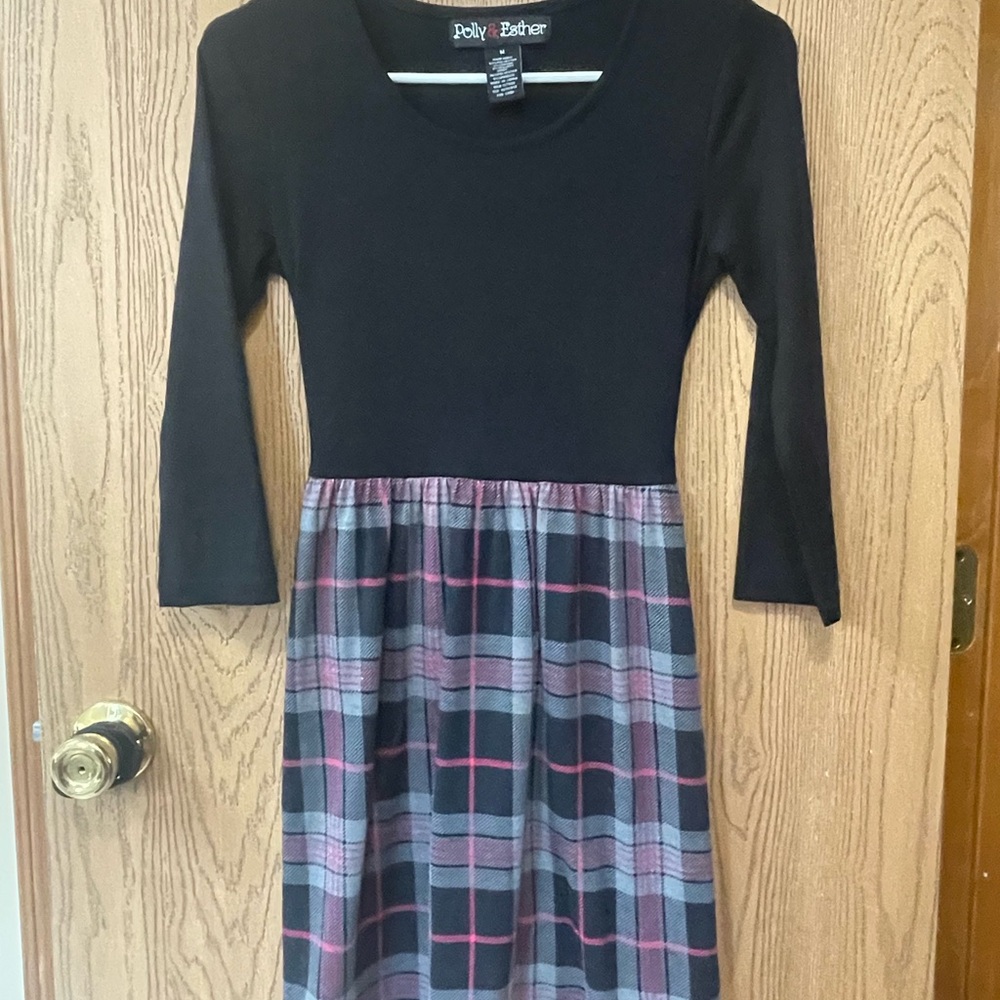 Polly & Esther Black Long Sleeve Dress with Pink and Gray Plaid Skirt